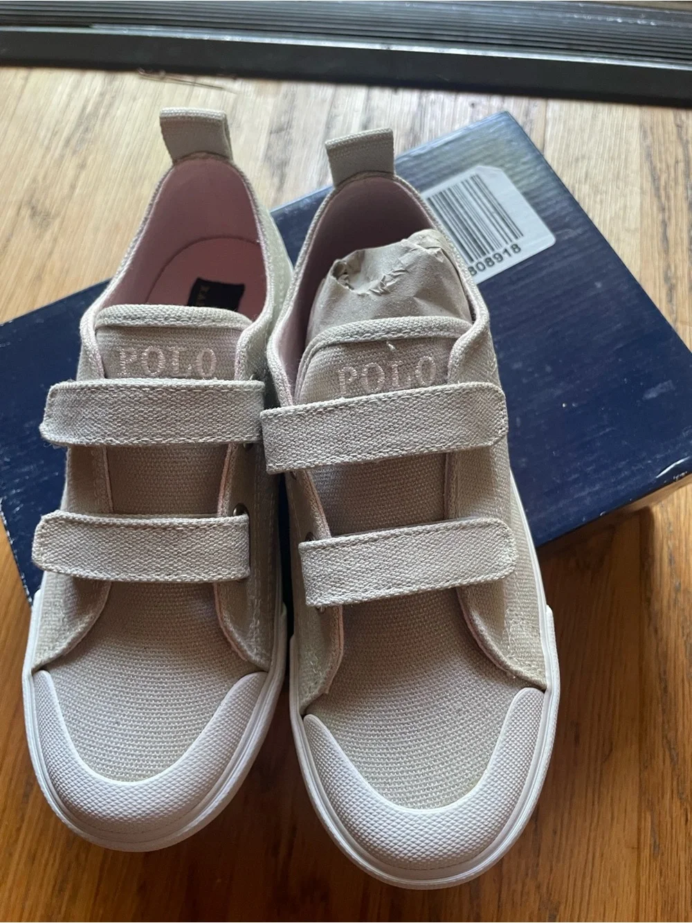NWT Polo Ralph Lauren champagne, shimmer Kingsley Canvas Kids Velcro Sneakers